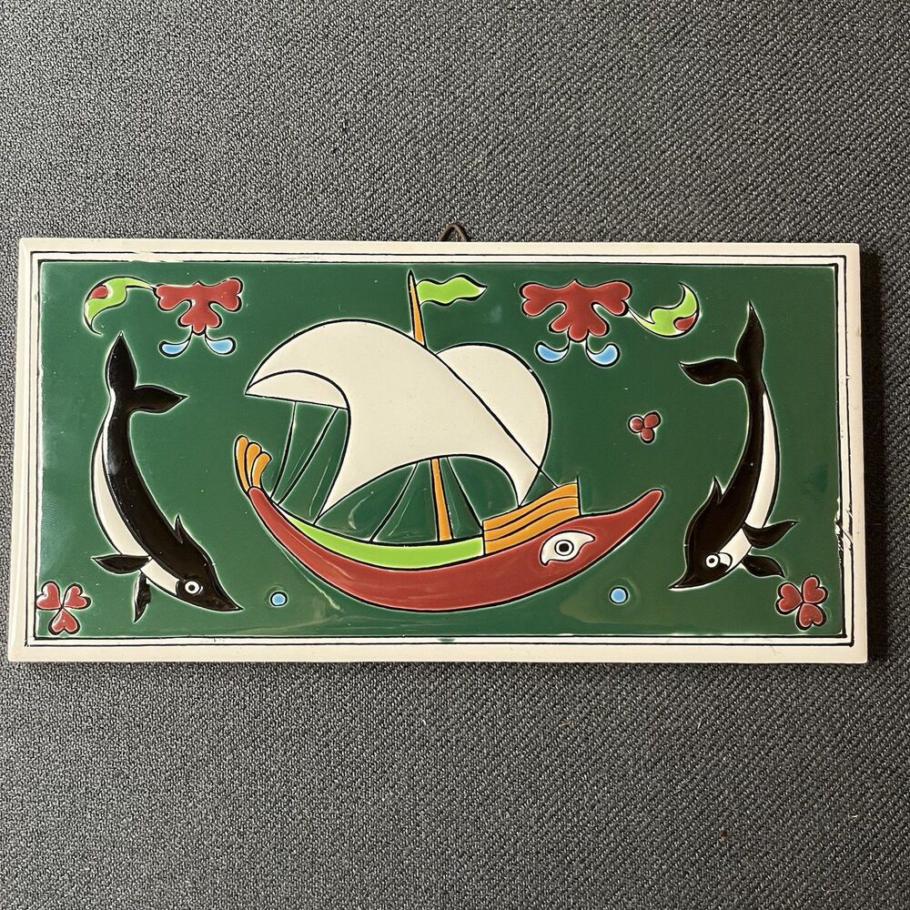 Nassos Keramik Greece Pottery Tile Hand Made Paradissi Rhodes Ship Dolphin 8.5"